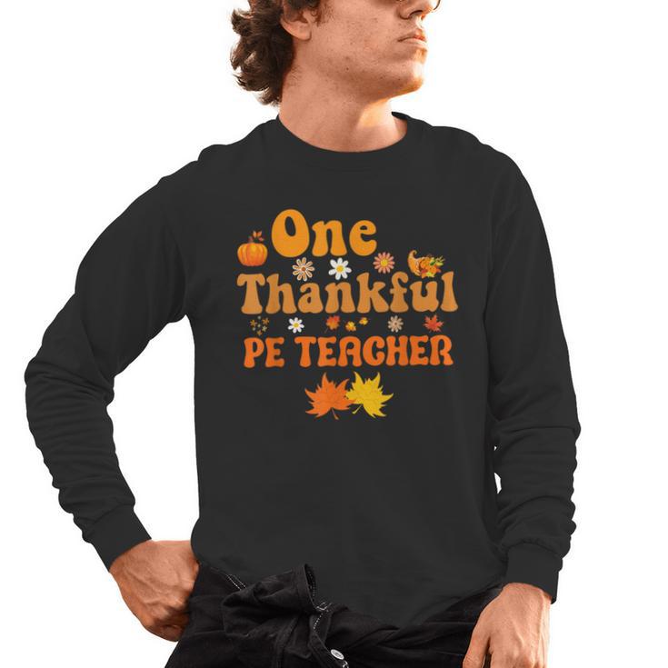 One Thankful PE Teacher Thanksgiving Fall Autumn Groovy Men's Long Sleeve T-Shirt