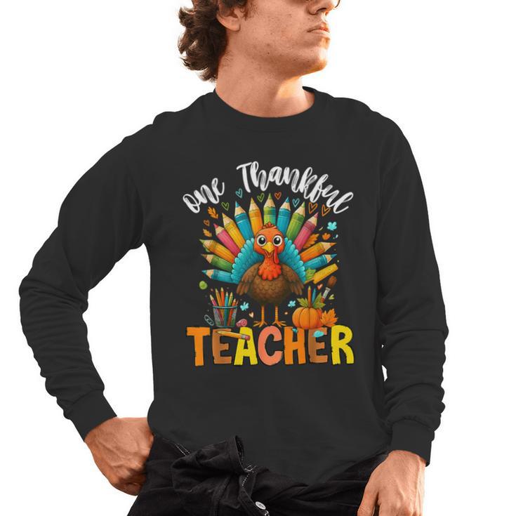 One Thankful Teacher Thanksgiving Turkey Cute Crayon Pencil Men's Long Sleeve T-Shirt