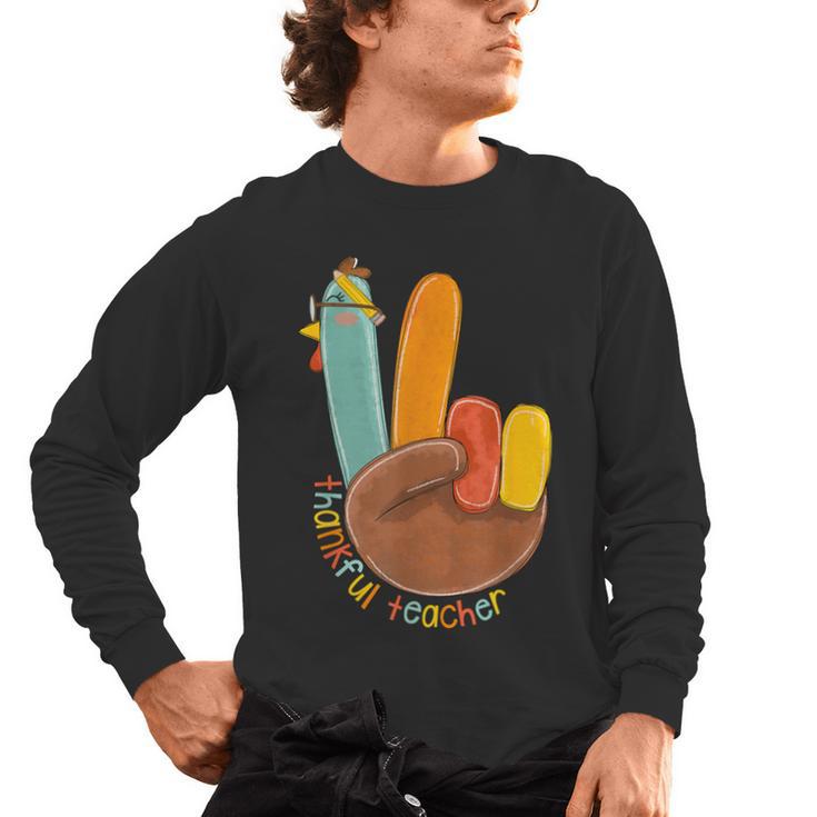 One Thankful Teacher Thanksgiving Turkey Peace Hand Sign Men's Long Sleeve T-Shirt, trending gift One Thankful Teacher Thanksgiving Turkey Peace Hand Sign Men's Long Sleeve T-Shirt, trending gift