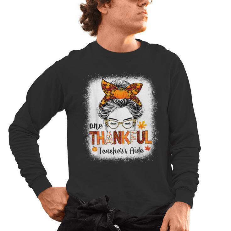 One Thankful Teacher's Aide Messy Bun Thanksgiving Fall Men's Long Sleeve T-Shirt