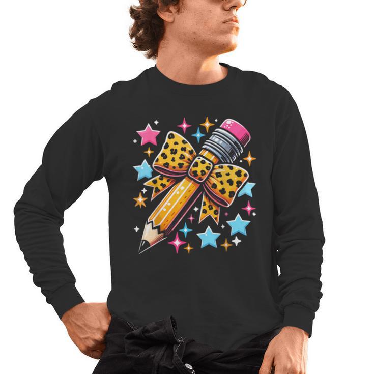 Pencil Leopard Coquette Bow Teacher Life Back To School Men's Long Sleeve T-Shirt