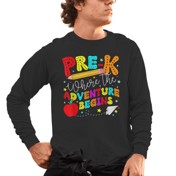 Pre-k Where The Adventure Begins First Day Of Prek Teacher Men's Long Sleeve T-Shirt