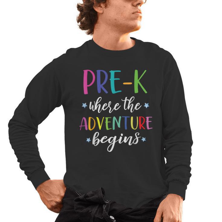 Pre-K Teacher Adventure Begins First Day Preschool Teachers Men's Long Sleeve T-Shirt