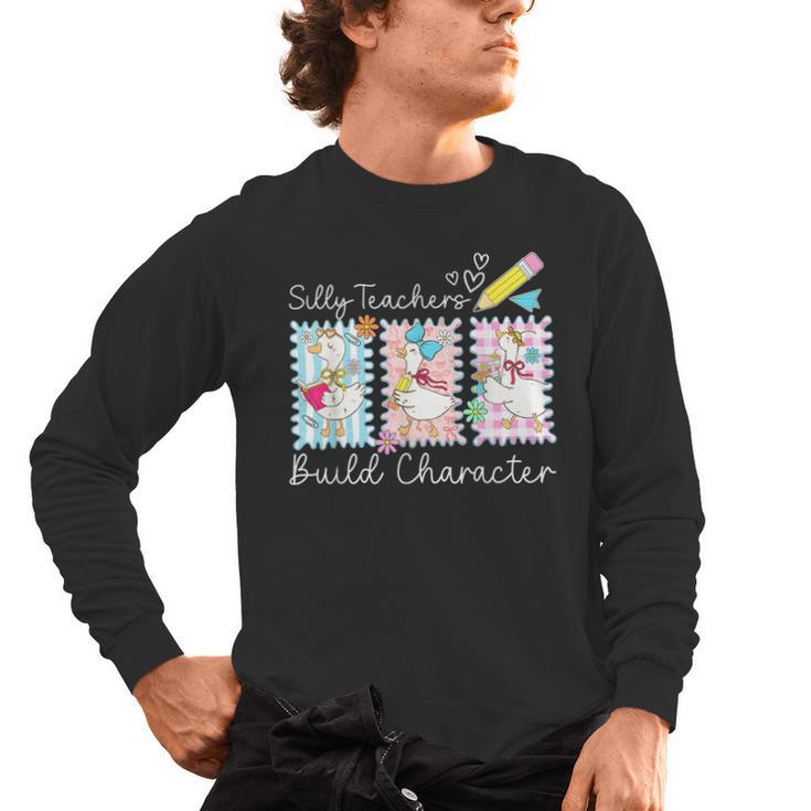 Preppy Silly Teacher Goose Build Character Back To School Men's Long Sleeve T-Shirt