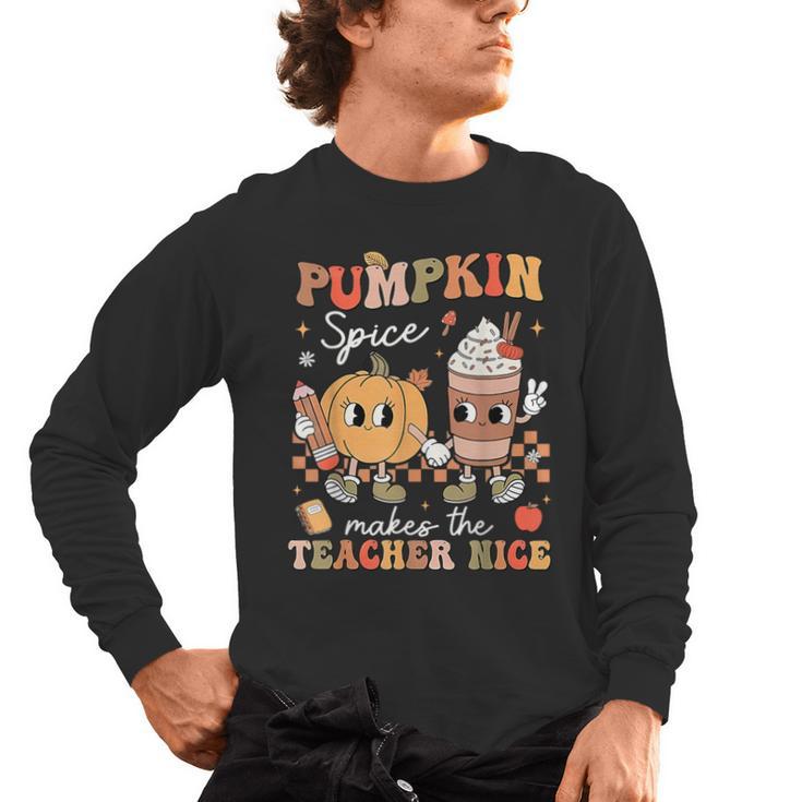 Pumpkin Spice Makes Teacher Nice Retro Fall Spooky Season Men's Long Sleeve T-Shirt