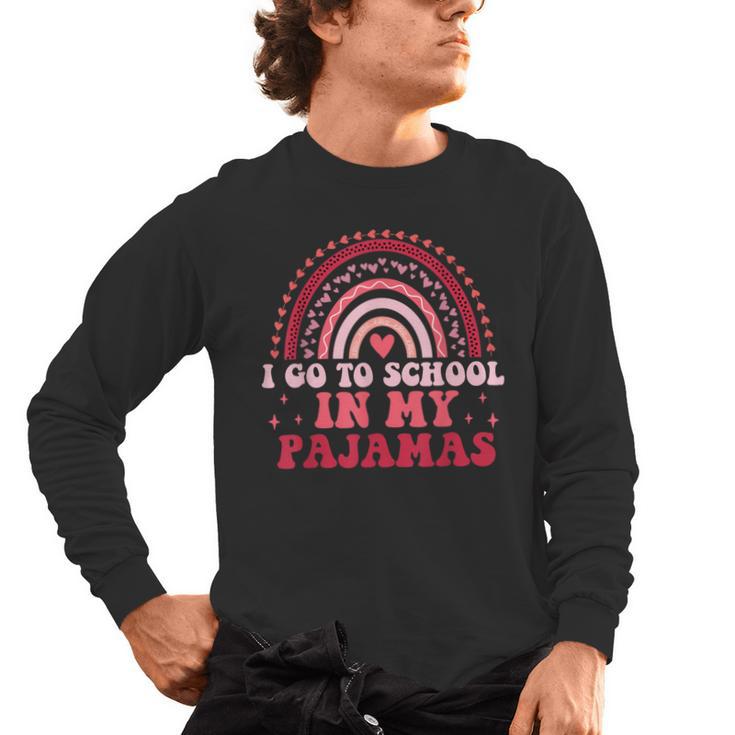 Rainbow Homeschool Mom Teacher I Go To School In My Pajamas Men's Long Sleeve T-Shirt