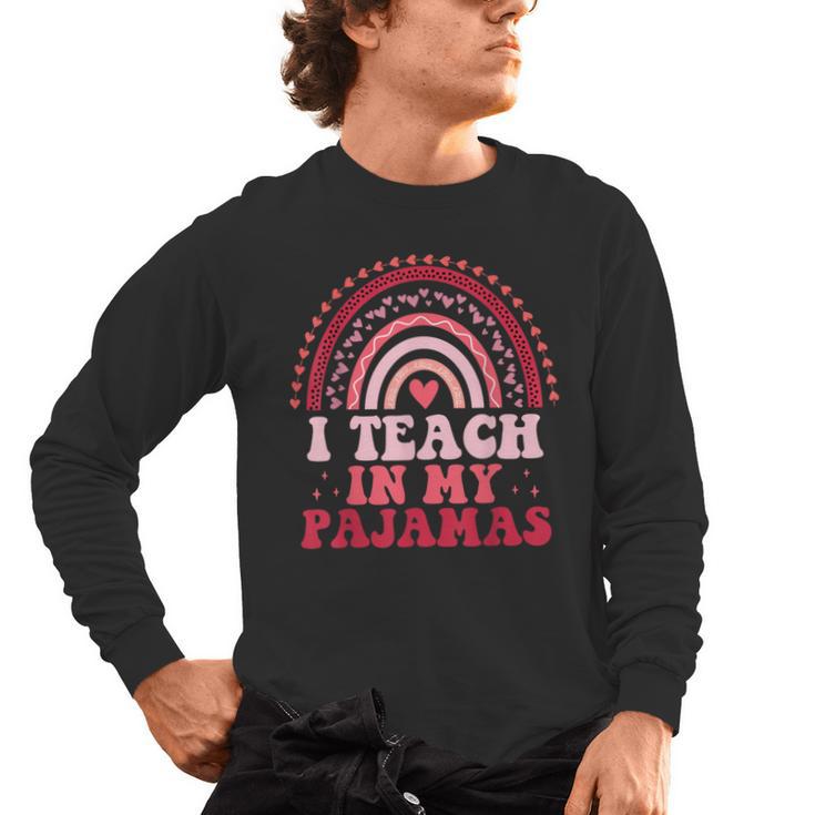 Rainbow Retro Homeschool Mom Teacher I Teach In My Pajamas Men's Long Sleeve T-Shirt