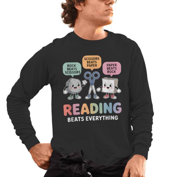 Reading Beats Everything Teacher Rock Paper Scissors Men's Long Sleeve T-Shirt