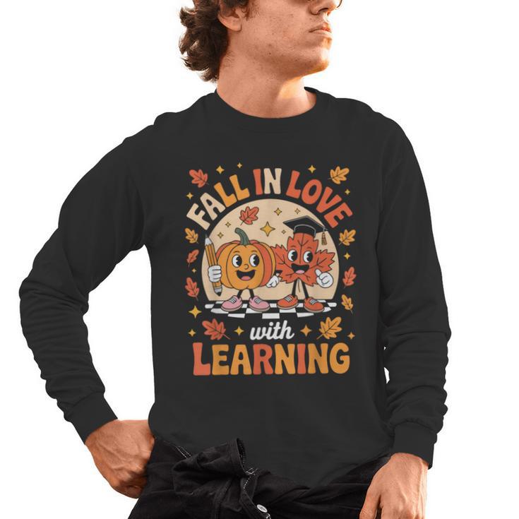 Retro Fall In Love With Learning Pumpkin Leaf Teacher Autumn Men's Long Sleeve T-Shirt