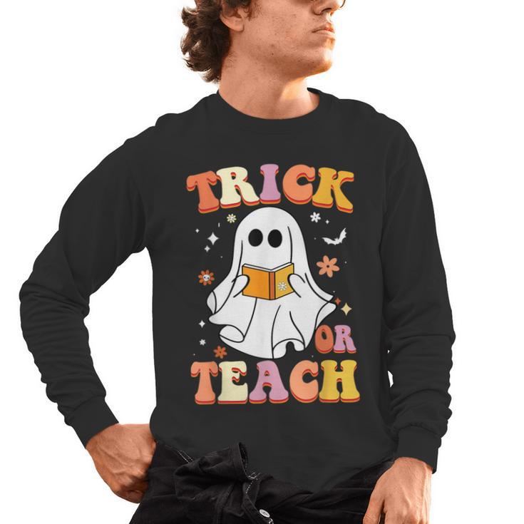 Retro Vintage Groovy Trick Or Teach Teacher Halloween For Men Women Kids Men's Long Sleeve T-Shirt