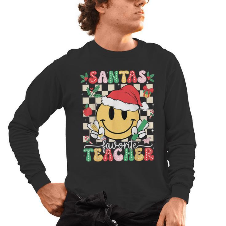 Santas Favorite Teacher Retro Groovy Smile Face Christmas Men's Long Sleeve T-Shirt