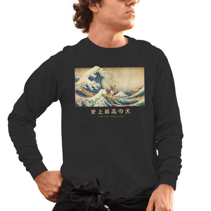 Surfing Boston Terrier Kanagawa Wave Japanese Dog  For Men Women Kids Men's Long Sleeve T-Shirt