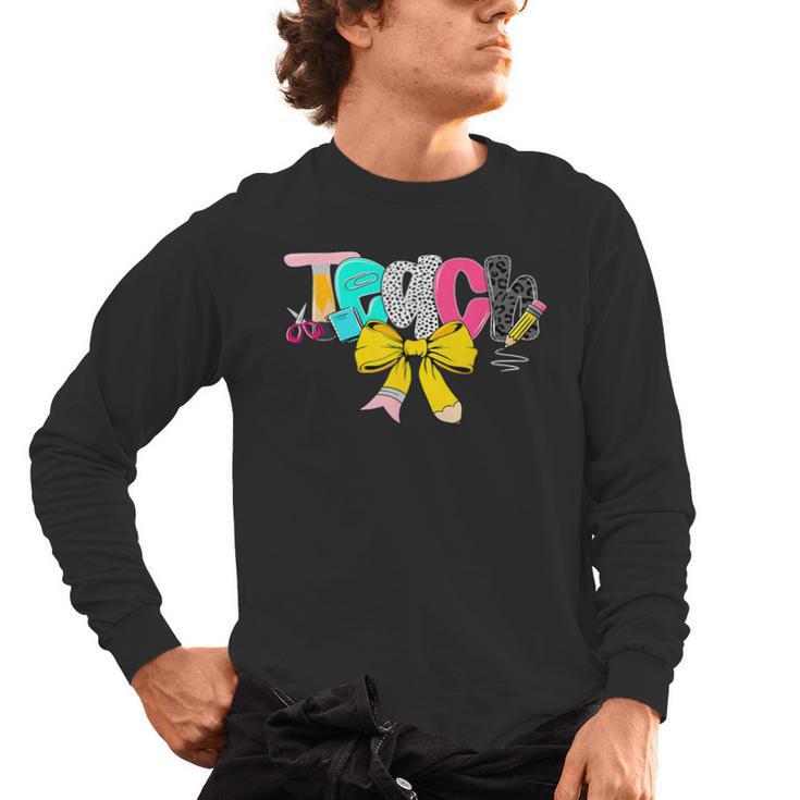 Teach Coquette Bow Teacher Back To School Happy First Day Men's Long Sleeve T-Shirt