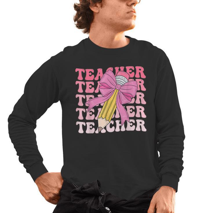 Teacher Pencil Back To School Groovy Pink Teacher First Day Men's Long Sleeve T-Shirt