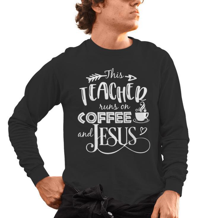 This Teacher Runs On Coffee And Jesus T Shirt Christian Tees Men's Long Sleeve T-Shirt