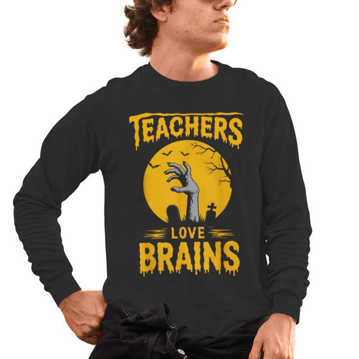 Teachers Love Brains Shirt Men Women Halloween Teacher Men's Long Sleeve T-Shirt