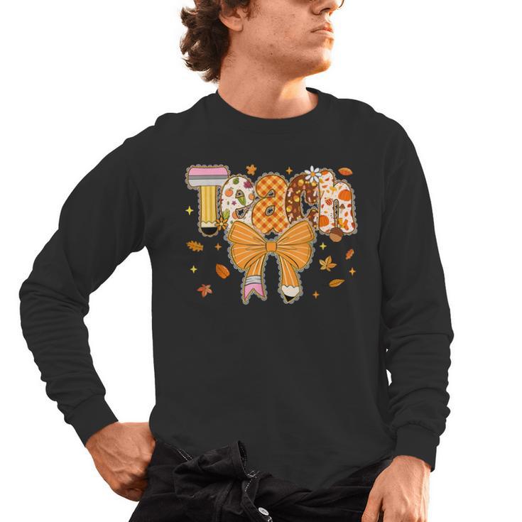Thanksgiving Teacher Pencil Bow One Thankful Teacher Fall Men's Long Sleeve T-Shirt