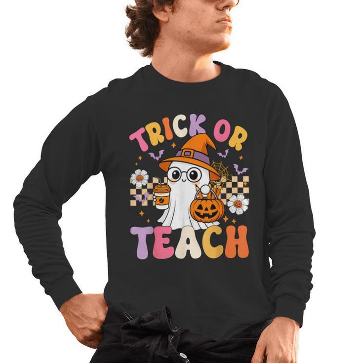 Trick Or Teach Cute Ghost Coffee Pumpkins Halloween Teacher Men's Long Sleeve T-Shirt