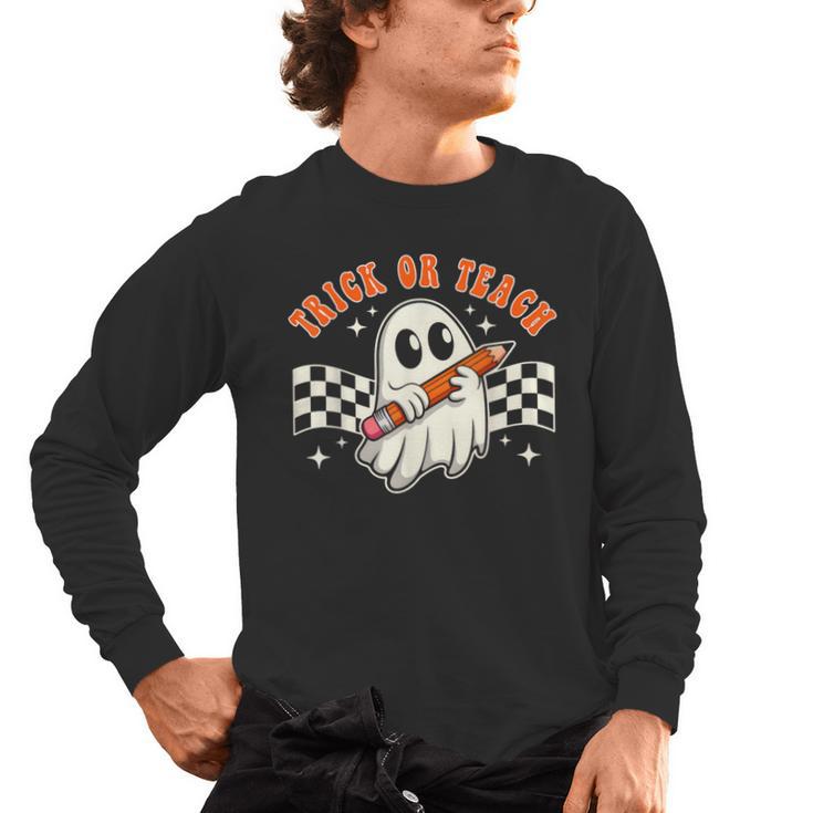 Trick Or Teach Groovy Retro Ghost Halloween Teacher Kids Men's Long Sleeve T-Shirt