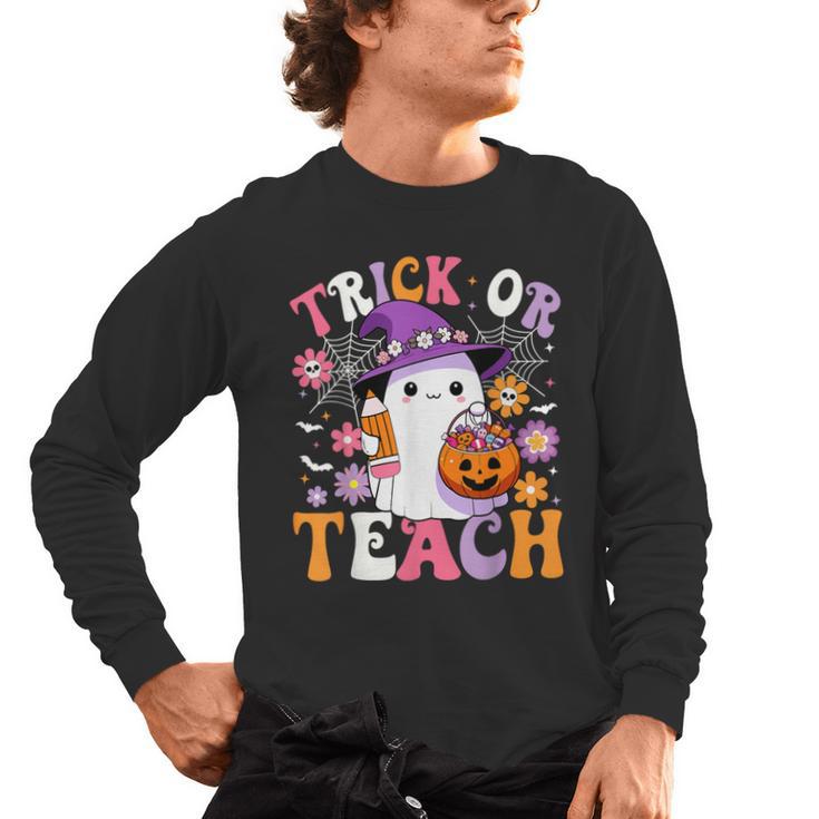 Trick Or Teach Groovy Teacher Ghost Halloween Teacher Men's Long Sleeve T-Shirt