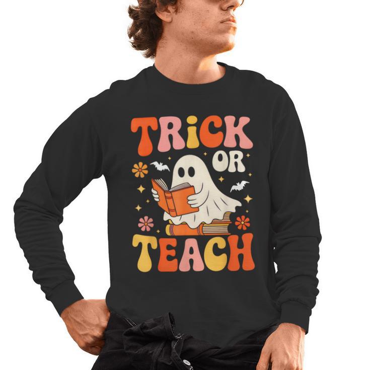 Trick Or Teach Halloween Shirt For Teacher Kids Floral Ghost Men's Long Sleeve T-Shirt