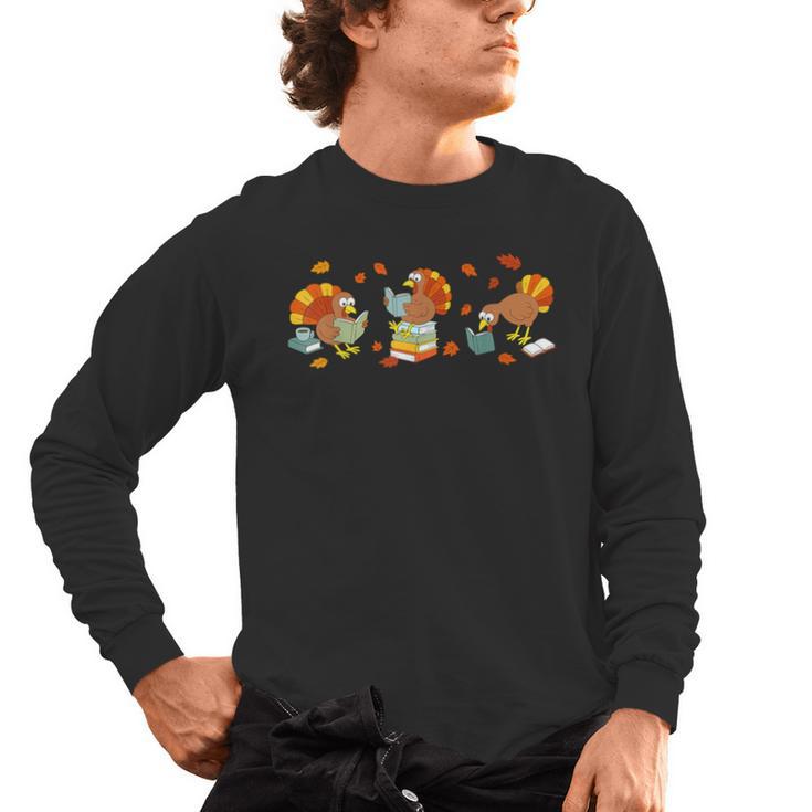 Turkey Reading Books Fall Thanksgiving Teacher Book Lovers Men's Long Sleeve T-Shirt