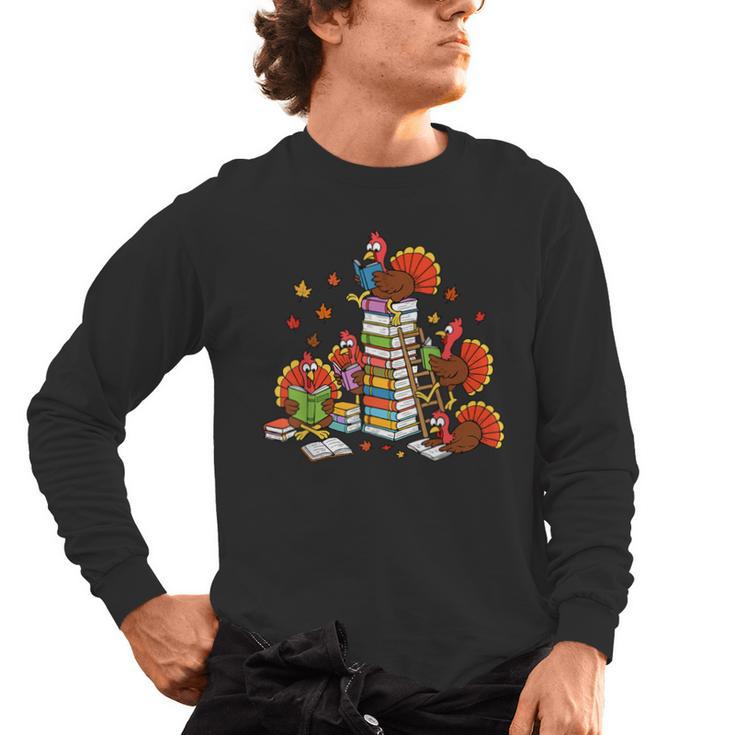 Turkey Reading Books Fall Thanksgiving Teacher Librarian Men's Long Sleeve T-Shirt