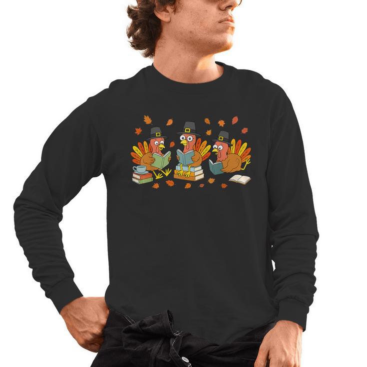 Turkey Reading Books Fall Thanksgiving Teacher Student Men's Long Sleeve T-Shirt