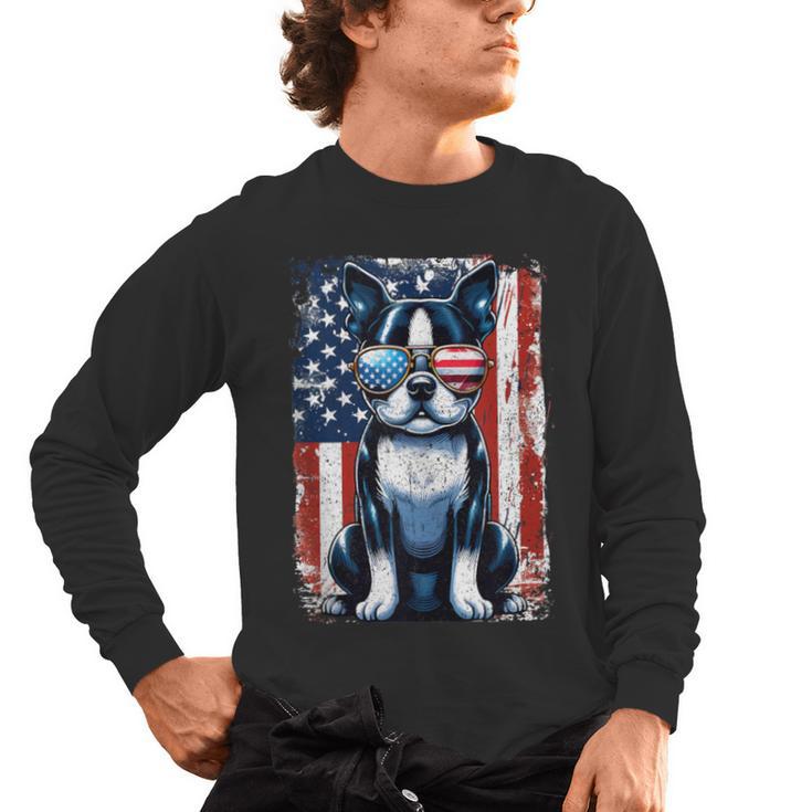 Vintage Boston Terrier Dog American USA US Flag Pets Lovers Tank Top Men's Long Sleeve T-Shirt