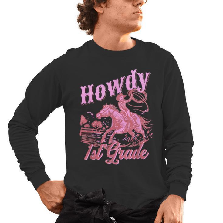 Vintage Howdy First Grade Cowgirl Teacher Western School Men's Long Sleeve T-Shirt
