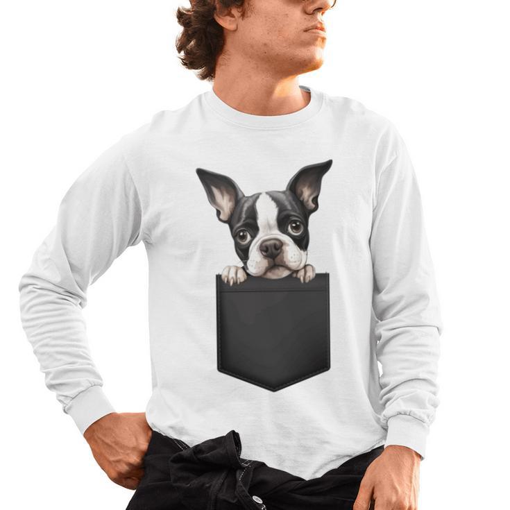 Boston Terrier Dog Puppy Dog In Pocket Cute Pet Lover Men's Long Sleeve T-Shirt