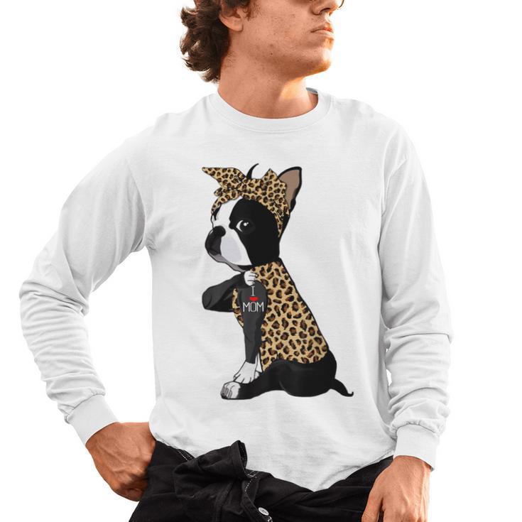 Boston Terrier Lover I Love Mom Tattoo Leopard Men's Long Sleeve T-Shirt