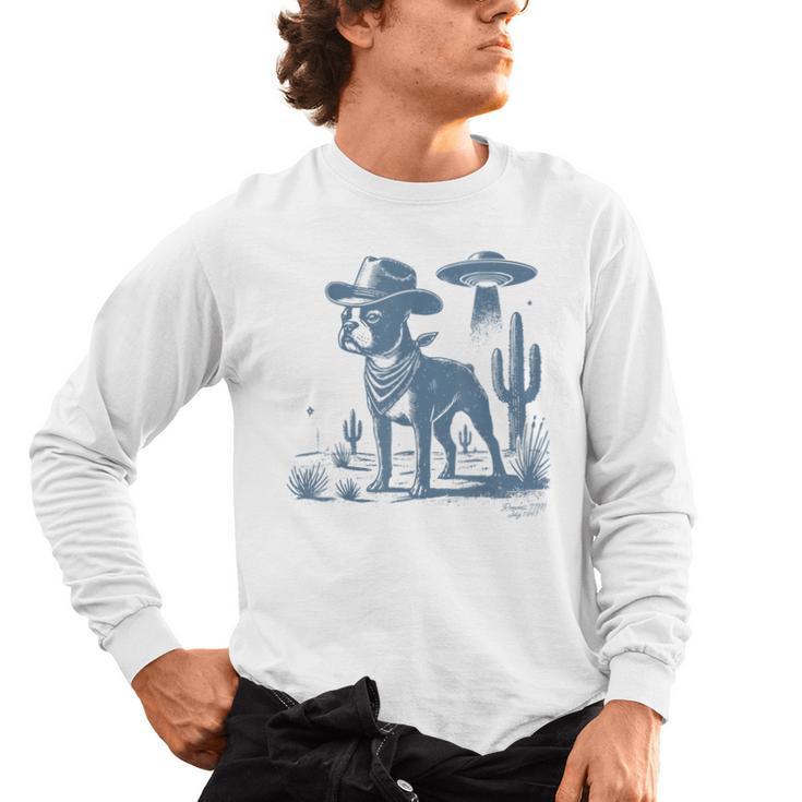 Boston Terrier UFO Cowboy Dog Dog Mom Dog Dad Alien Dog Men's Long Sleeve T-Shirt
