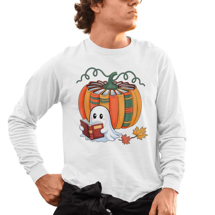 Fall Book Pumpkin Books Ghost Reading Halloween Teacher Men's Long Sleeve T-Shirt