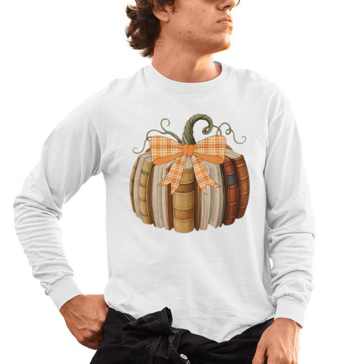 Fall Book Pumpkin Halloween Teacher Librarian Thanksgiving Men's Long Sleeve T-Shirt