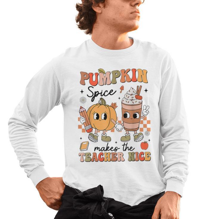 Groovy Pumpkin Spice Makes Teacher Nice Fall Thanksgiving Men's Long Sleeve T-Shirt