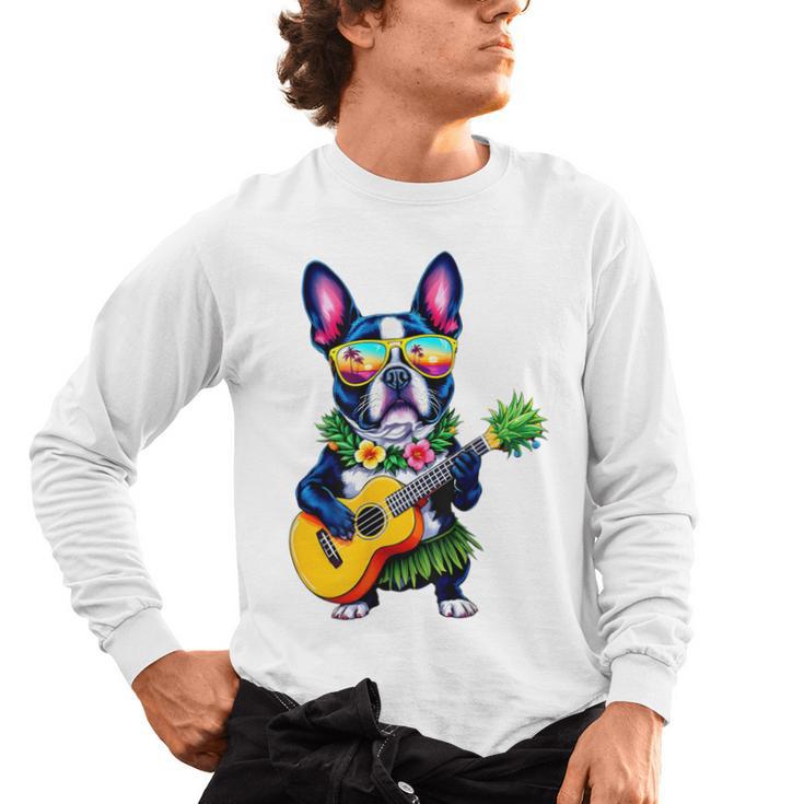 Hawaiian Boston Terrier & Pineapple Ukulele Summer Vacation Men's Long Sleeve T-Shirt