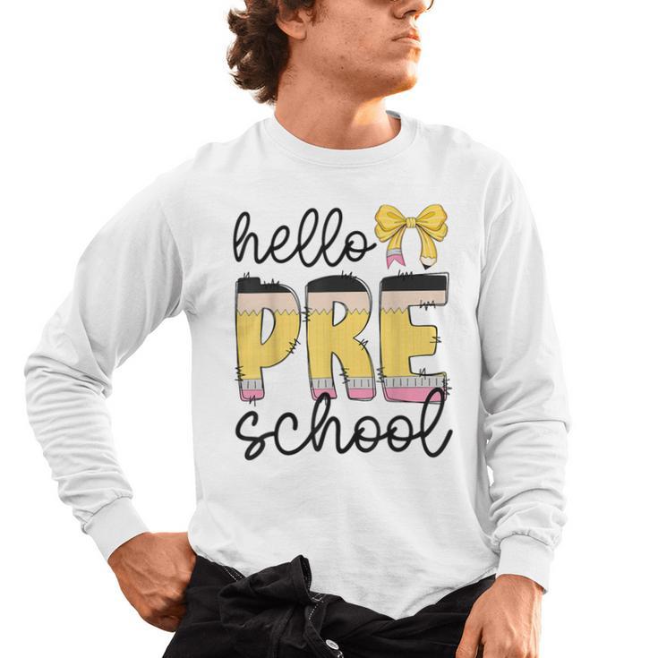 Hello Pre-K Preschool Back To School First Day Teacher Kids Men's Long Sleeve T-Shirt