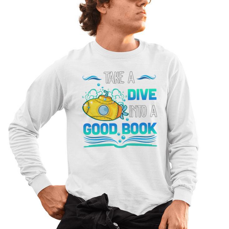Librarian Teacher Dive Into A Good Book Reading Premium Tri-Blend Men's Long Sleeve T-Shirt