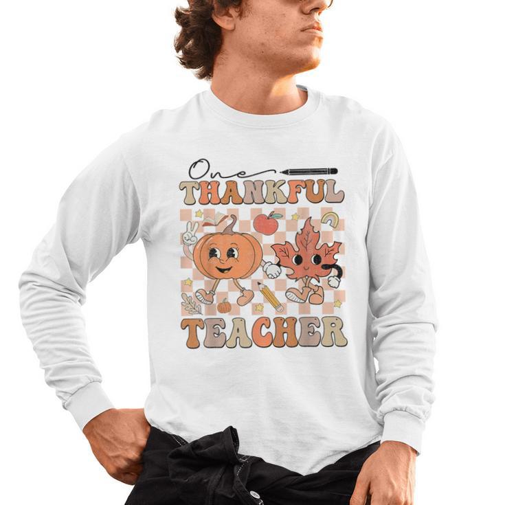 One Thankful Teacher Thanksgiving Groovy Fall Autumn Teacher Men's Long Sleeve T-Shirt