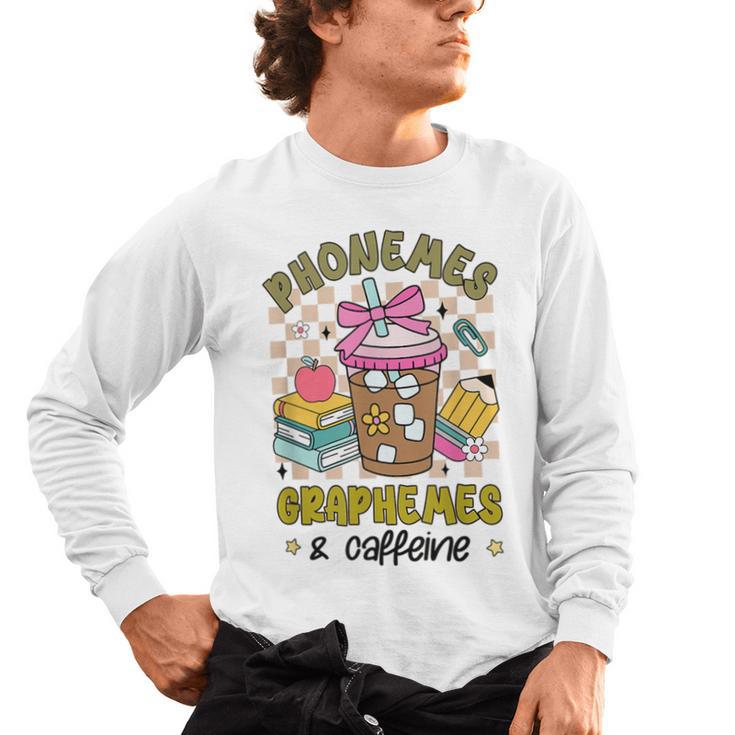 Phonemes Graphemes Caffeine Back To School Reading Teacher Men's Long Sleeve T-Shirt