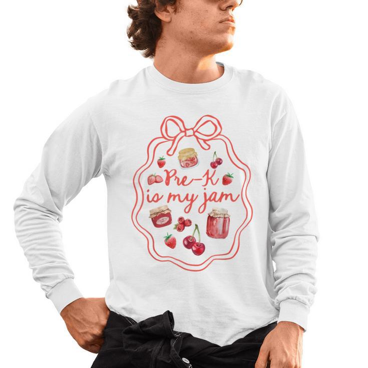 Preschool Pre-K Is My Jam Strawberry Girl Teacher Kids Men's Long Sleeve T-Shirt