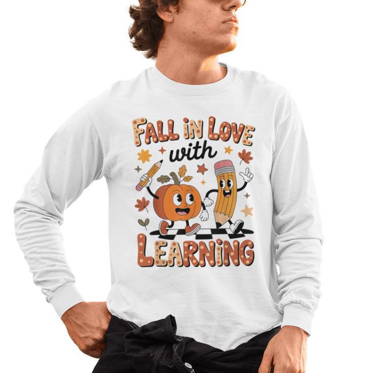 Retro Fall In Love With Learning Autumn Pumpkin Teacher Kids Men's Long Sleeve T-Shirt
