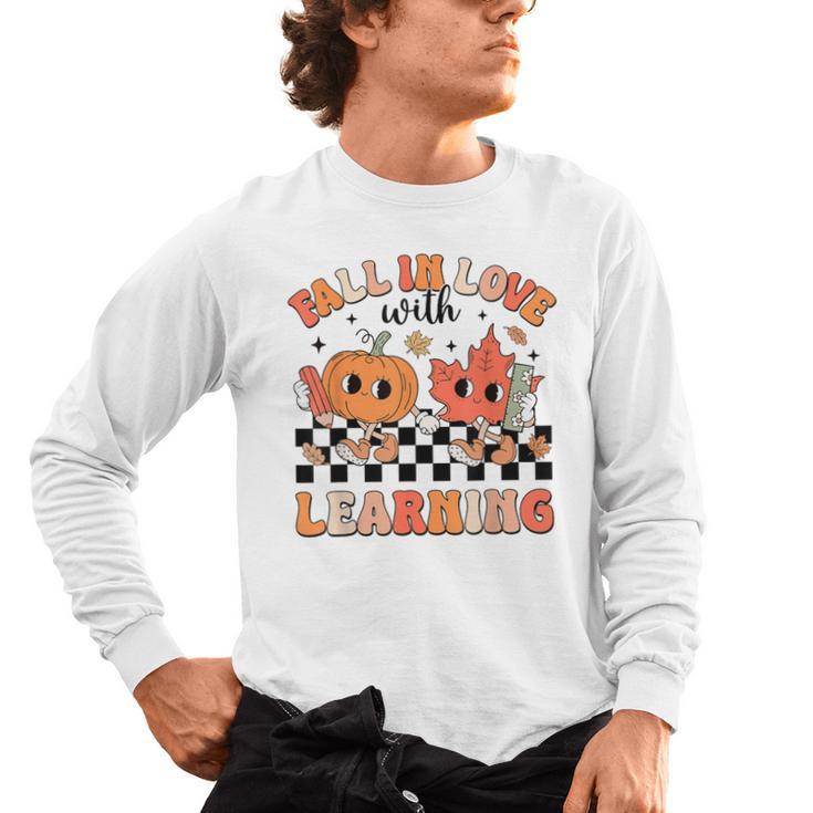 Retro Fall In Love With Learning Autumn Pumpkin Teacher Men's Long Sleeve T-Shirt