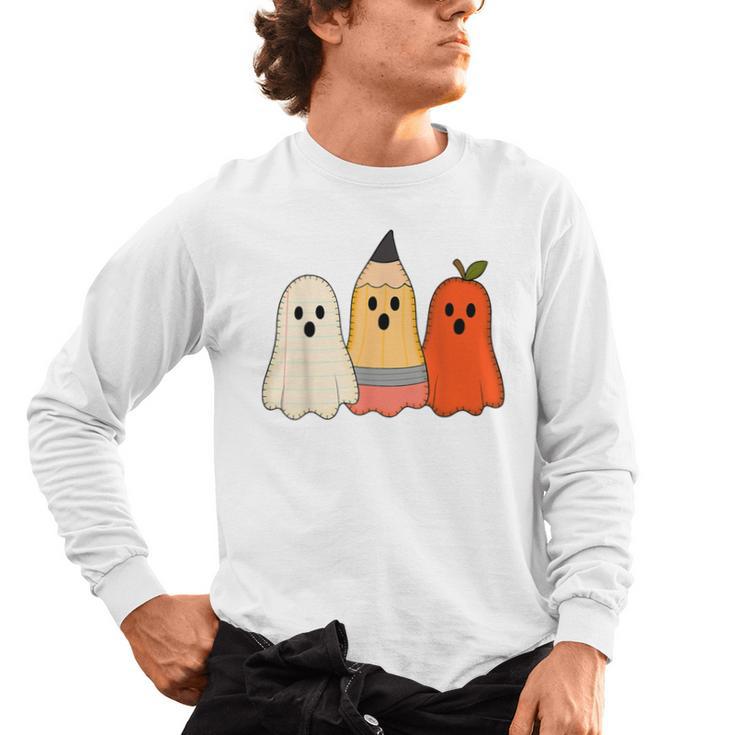 Retro Pencil Ghost Boo Spooky Teacher Halloween Costume Men's Long Sleeve T-Shirt