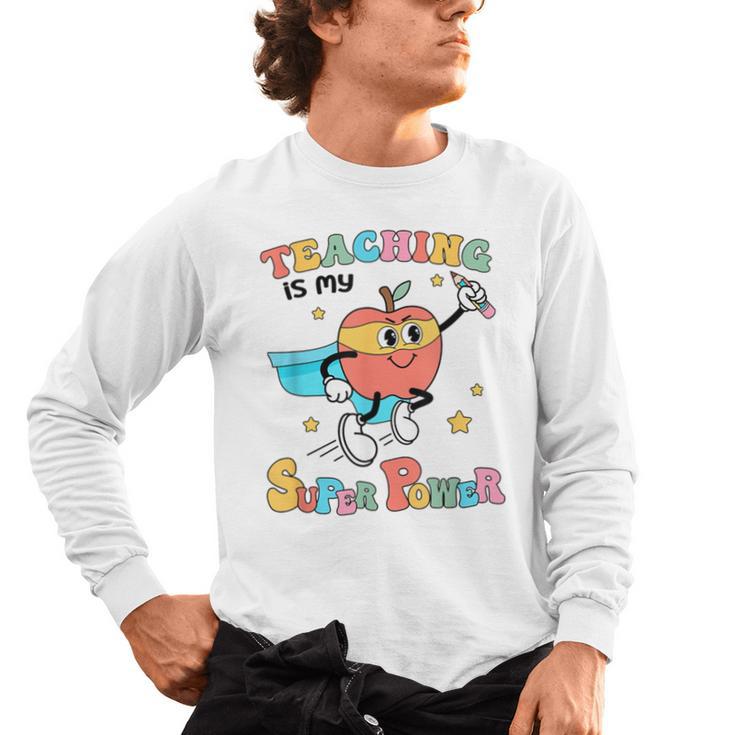 Retro Teaching Is My Superpower Apple Teacher Appreciation Men's Long Sleeve T-Shirt