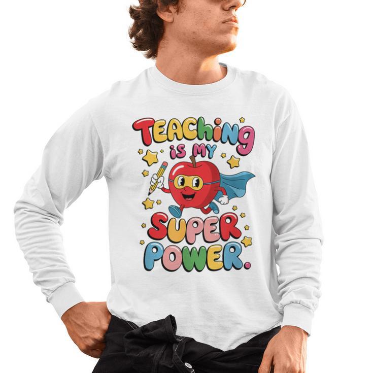 Retro Teaching Is My Superpower Apple Teacher Appreciation Men's Long Sleeve T-Shirt