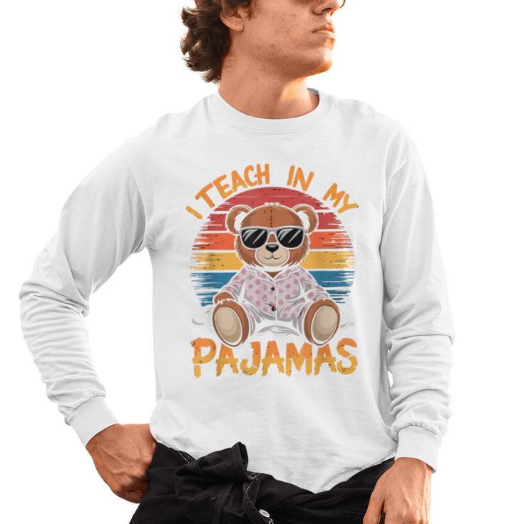 I Teach In My Pajamas Teacher Sunset Bear Retro Men's Long Sleeve T-Shirt