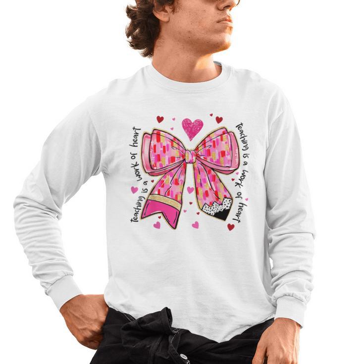 Teaching Is A Work Of Heart Pencil Bow Teacher Valentine Men's Long Sleeve T-Shirt