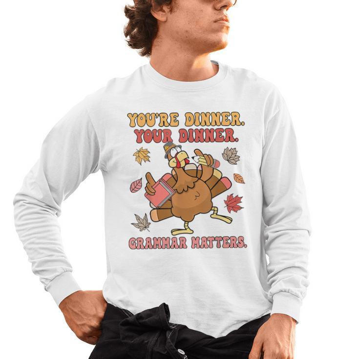 Thanksgiving Grammar Thankful English Teacher Fall Turkey Men's Long Sleeve T-Shirt